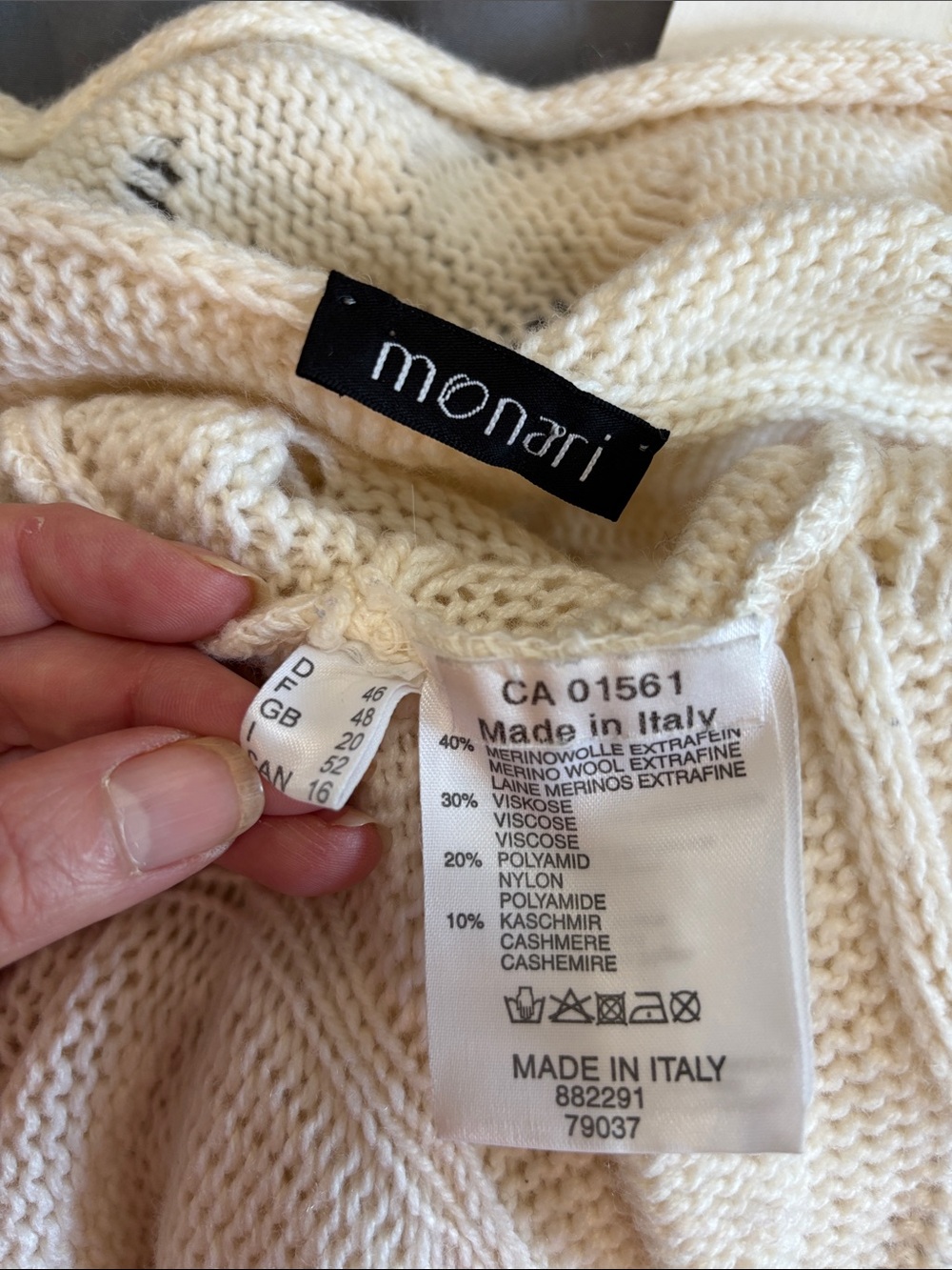 Monari Cream Merino Wool Cashmere Cable Knit Draped Cardigan L/XL Italy - Picture 14 of 15